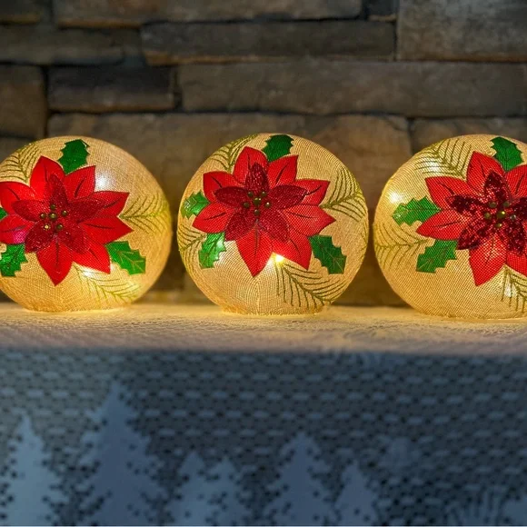3 Round Burlap Festive Poinsettia lighted Holiday Balls On/off/timer decor - Picture 1 of 8